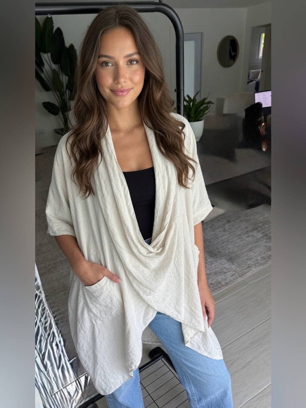 Tina Stephen’s Avant Garde Cream Draped Open-Front Tunic Kaftan Oversized